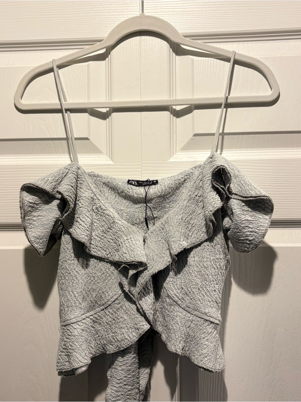 Zara Sage Green/ Gray Ruffle Off-Shoulder Cami Back Tie Coquette Boho Sz L NWOT